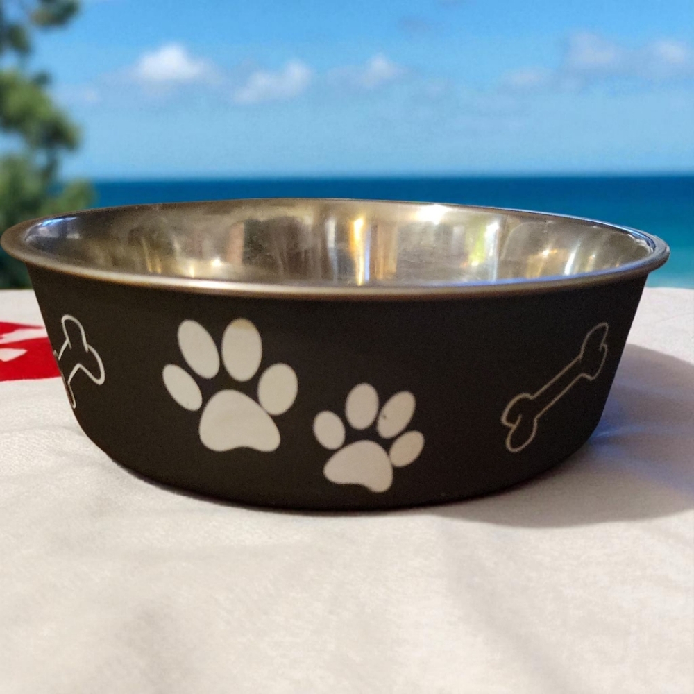 Pet Dog Cat Anti Skid STAINLESS STEEL Paw Prints Bones M 27 Oz Bella Bowl Rubber